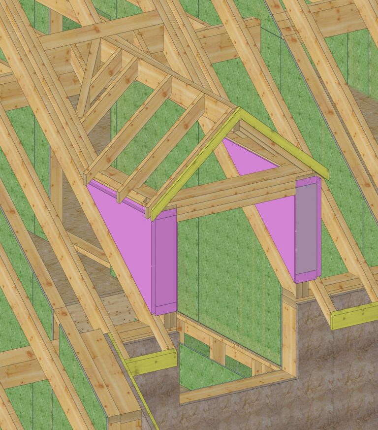 Plan 3D d'une lucarne en charpente traditionnelle